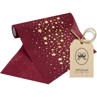 100%Mosel Vlies Tischläufer, in Bordeaux Rot, Sterne in Gold (20 cm x 5 m), dekoratives Tischband, edle Tischdeko für Weihnachten und Advent