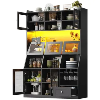 Stilvora Highboard in Schwarz Anrichte mit USB-Anschluss, LED und Glastüren, B120/T40/H181.7cm , Naturfarben , Holzwerkstoff , 5 Fächer , Rechteckig , Bodenplatte , 120x181.7x40 cm , Esszimmer, Anrichten, Buffetschränke