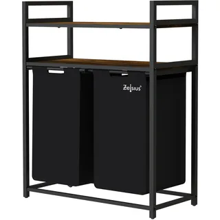 Zelsius Wäschesammler 2 Fächer | Schwarz, 73 x 33 x 91 cm | Wäschekorb mit Ablagen, Schmutzwäschebehälter mit Wäschebeutel | Wäschesortierer, Wäschebox, Wäschesack | Wäschesystem, Waschkorb