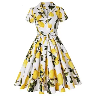 Weißes gelbes Zitronen-Blumenkleid, kurzärmeliges Baumwoll-Tunika-Weste, Elegantes Retro-Swing-Retro-Kleid für Damen