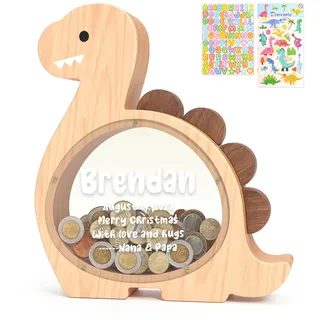 Summidate Dinosaurier Sparschwein aus Holz für Kinder und Jungen, süße Dino Spardose aus Holz für Kleinkinder, kreatives Sparschwein, personalisiertes Geschenk für Kindergeburtstag und Dekoration