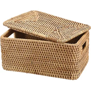 IGNPION Rattan-Weiden-Aufbewahrungskorb mit Deckel, dekorativer Mehrzweck-Aufbewahrungskorb für Regale, Badezimmer, Küche, Wohnzimmer, Büro