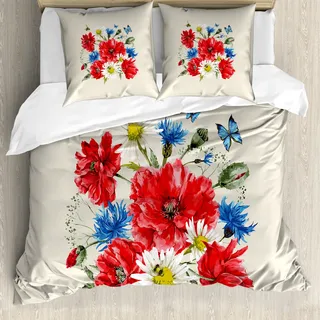 ABAKUHAUS Blumen Bettbezug, Vintage Mohnblumen Daisy, Milbensicher Allergiker geeignet mit Kissenbezügen, 200 cm x 200 cm - 80 x 80 cm, Mehrfarbig
