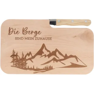 Spruchreif | Brotzeitbrett mit Messer "Die Berge sind mein Zuhause" – Graviertes Holzbrett mit Berg-Motiv | Geschenkidee für Wanderer, Bergliebhaber & Outdoor-Fans