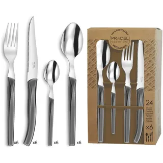 Lou Laguiole RISING SUN Besteck Set 6 Personen | 24-teilig | Grau glänzend | Essbesteck 6 Personen spülmaschinenfest | 18/0 Edelstahl mit Mikroverzahnung | 6x Messer, Gabel, Löffel & Kaffeelöffel