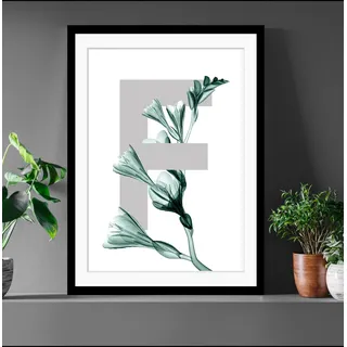 queence Bild "F-Flower" Buchstaben  Pflanzen  Pflanzenbilder gerahmt, Blume, Blätter, farbe rahmen: schwarz, farbe bild(er): dunkelgrün