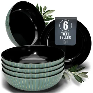 Suppenteller 6er Set - Premium Steingut, Kratzfest, Für Spülmaschine, Mikrowelle - Stylishes Tiefe Teller Set, Pasta Teller Tief Groß - Gerilltes Geschirr in Schwarz und Grün