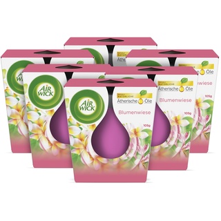 Air Wick Wohlfühl-Duftkerze im Glas – Duft: Blumenwiese – Enthält natürliche ätherische Öle – 6 x 105 g Duftkerzenset