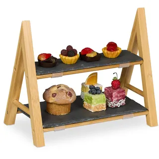 Relaxdays Etagere, 2 Etagen, mit Schieferplatten, HBT 27x32x17 cm, rustikaler Servierständer, Bambus-Gestell, Natur/grau
