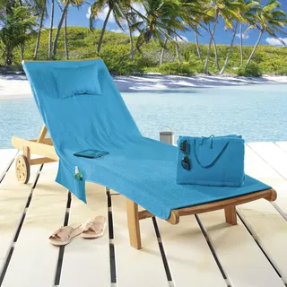 Delindo Lifestyle Frottee Strandliegenauflage Miami türkis mit Taschen und Kissen, Bezug für Gartenliege, faltbar aus 100% Baumwolle, 80x180 cm