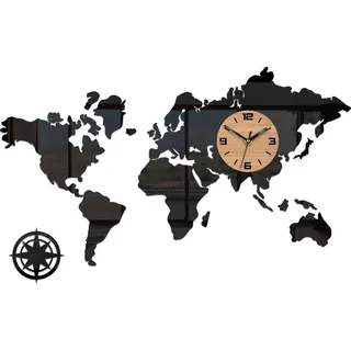Modernclock, Wanduhr, Weltkarte 100cm - Schwarz