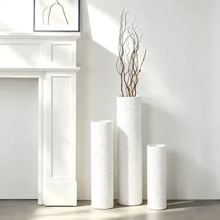 Dnnnii 3 Vasen Set - Hohe Zylindervasen aus Metall Weiß, Moderne Wabenstruktur, Große Stehvasen für Wohnzimmer (Höhe bis 70cm, Raumdekoration)