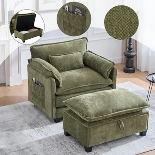 Sweiko Moderner übergroßer Sessel mit Fußstütze und Hocker, Samt-Loungesessel mit Seitentaschen und Kissen, bequemer Lesesessel für Wohnzimmer, Schlafzimmer und Wohnung