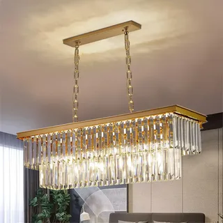 Depuley Modern Kronleuchter Kristall, 80cm Pendelleuchte Gold, Rechteckiger Kristall Hängeleuchte mit Klarem Kristallanhänger, hängelampe für Wohnzimmer, Esszimmer, Schlafzimmer, Restaurant, E14 x 8