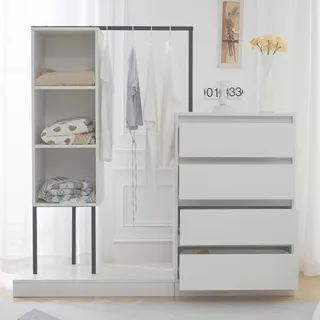 Merax Garderobenschrank 140x40x135 cm mit Kleiderstange, 4 Schubladen und 3 offenen Fächern, Kleiderschrank-Set mit Kippsicherung, B140/W40/H13 - Weiß