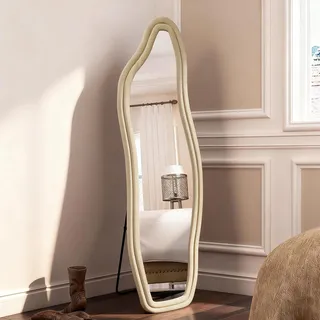 UnboxG Ganzkörperspiegel 160x50cm Standspiegel,Asymmetrischer Gewölbter Bodenspiegel Groß,Wandspiegel aus Flanellumwickeltem Holzrahmen (Gold),Hängend/Kippend,Halbrunder Spiegel für Schlafzimmer