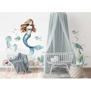 Osomhome |Wandtattoo Kinderzimmer Wandsticker | Wanddeko Babyzimmer | Schlafzimmer Junge Mädchen Selbstklebend (Blau Meerjungfrau, M)