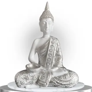 RISSLI Buddha-Figur Meditation, Dekoration für Zuhause, Wohnzimmer, 33 x 23 cm, Dekoration für drinnen oder draußen, Buddha-Figuren für Tischdekoration, Wohnzimmer und Garten, spirituell (Silber)