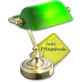 Bankerlampe Grün Messing - Schreibtischlampe Retro mit Grünen Lampenschirm - Banker Tischlampe Büro - Schreibtischleuchte mit Pflegetuch - Bürolampe Schreibtisch Höhe 24 cm