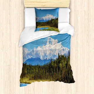 ABAKUHAUS Alaska Mantele, Schnee bedeckte Berge, Milbensicher Allergiker geeignet mit Kissenbezügen, 135 cm x 200 cm - 80 x 80 cm, Forest Green Weiß Blau - Blau