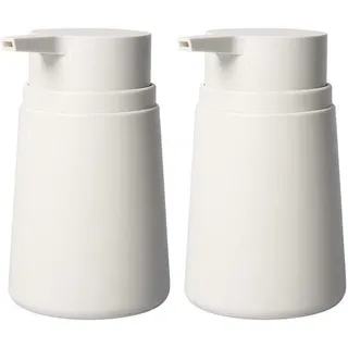 Unyqoos® 2er-Set Seifenspender Vintage Weiß – stabiles BPA‐freies Kunststoff, 13,5 cm, Edelstahlpumpe, nachfüllbar für Küche & Bad, inklusive dekorativer Aufkleber - Weiß