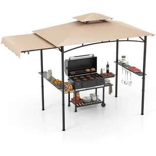 FANTASK Grillpavillon mit Markise, Doppeldach, Haken & 2 Seitenregalen, Doppelstöckiges Dach, Gartenpavillon Wetterfest, Gartenlauben mit UV-Schutz, BBQ Pavillon für Party BBQ, 318x153x250 cm