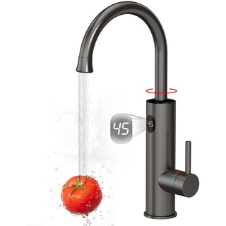 Wasserhahn mit Durchlauferhitzer Küche, 3200W Elektrische Heizung Wasserhahn, LED Temperaturanzeige 360o Misch Drehung Küchenarmatur, 304 Edelstahl Armatur, Grau