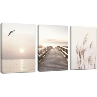 3 Teilig Strand Sonnenuntergang Bilder Set, Aesthetic Natur Landschaft Wandbilder mit Rahmen, Modern bild auf Leinwand Wandkunst Kunstdruck Deko für Wohnzimmer Schlafzimmer Küche Esszimmer 40x60x3