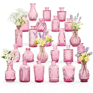 Kleine Glasvasen Set von 24, für Tischdekoration, Hochzeit, Empfang, Zuhause, Vintage-Flaschen, Transparent, Dekorative Glasvasen mit Deckeln (24, Rosa-Orange)