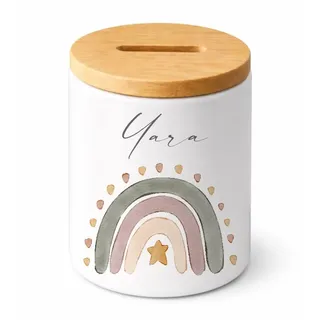 Manufaktur Liebevoll | Personalisierte Spardose für Kinder mit Namen Keramik Spardose mit Bambusdeckel Kinder Spardose personalisiert Geschenk zur Geburt, Taufe & Geburtstag (Regenbogen)