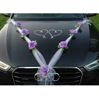 Auto-schmuck so einfach so kreativ Organza M + Herzen Auto Schmuck Braut Paar Rose Deko Dekoration Autoschmuck Hochzeit Car Auto Wedding Deko Ratan (Lila/Weiß/Weiß)