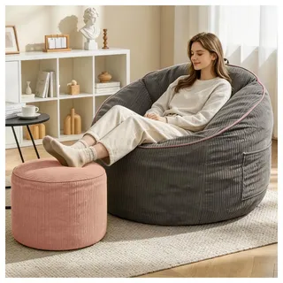 okwish Loungesessel Relaxsessel 1 Sitzer mit Seitentasche und passendem zylindrischem Hocker Ergonomischer, gebogener Sitzsack Grau - Grau