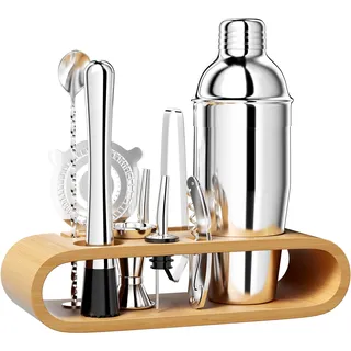 Newpop 750 ML cocktail set, 10 stück edelstahl shaker mixer mit Holzständer, professionelle barkeeper zubehör, mit doppel messbecher, löffel, Pourer, mischen getränken, zuhause, bar, party (Silber)