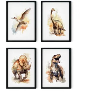 MJ-Graphics | Poster Set Dinosaurier Jungen Kinderzimmer & Spielzimmer | 4x Din A4 300g Qualitätsdruck | Wandbild Wanddeko Bilder ohne Bilderrahmen