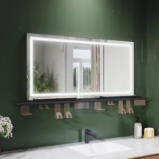 SONNI Badezimmerspiegel 120 x 60 cm, dreifarbig, dimmbar, RA90, beschlagfrei, mit multifunktionaler Ablage