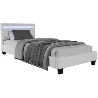 Juskys Polsterbett Paris mit Matratze und LED weiß 90x200cm , Weiß , Textil , 90x200 cm , Schlafzimmer, Betten, Polsterbetten
