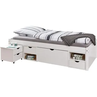 Inter Link - Einzelbett mit Schubladen – 90 x 200 cm – Kojenbett mit Stauraum – Praktisches Jungendbett – Kiefer massivholz – Weiß lackiert – Platzsparendes Jugendzimmer Einzelbett – Till 90 x 200cm