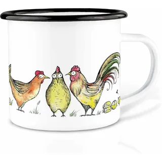 Ligarti Emaille Tasse (leicht & robust) | Camping Becher handveredelt in Deutschland | Trinkbecher für Kinder, Kaffeetasse, Emaillebecher | Fuchs, Hühner