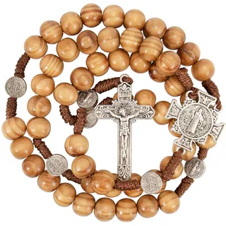 Nazareth Store Heiliger St. Benedikt Holzperlen Rosenkranz Massives Holz Gebetskaplet mit Kreuz Heilige Medaille & Silber Jesus Kruzifix