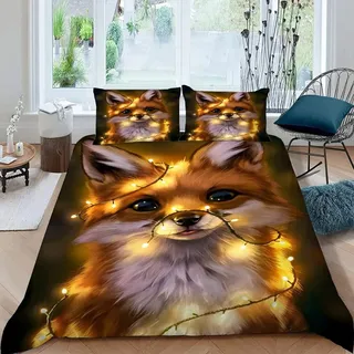 Bettwäsche 135×200 3D-Effekt Bettwäsche-Set 2teilig Fox Bettbezug Cartoon-Tiere Kinder Mikrofaser mit Reißverschluss Süßer Fuchs Soft Jungen Mädchen Bettwaren Natur Tier mit Kissenbezug 80x80 cm