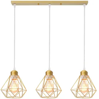 TOKIUS 3-flammig Pendelleuchte 16CM Retro Hängelampe mit Geometrischem Design Lampenschirm E27 Lampe aus Eisen Käfig Gold Hängeleuchte für Esstisch Küche (Pendellampe, Balken)