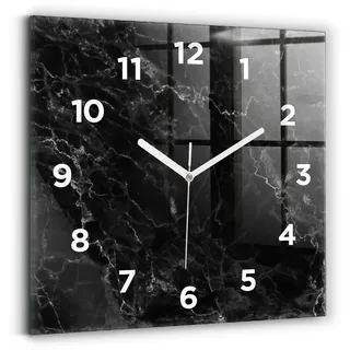 Wallfluent Wanduhr – Stilles Quarzuhrwerk - Uhr Dekoration Wohnzimmer Schlafzimmer Küche - Zifferblatt - weiße Zeiger - 30x30 cm - Dunkler Marmor - Schwarz
