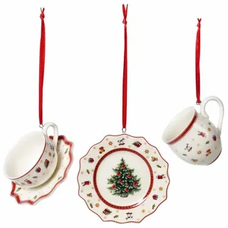 Villeroy & Boch Toy's Delight Decoration Ornamente Geschirrset 3tlg., Ornamente zum Hängen, Premium Porzellan, Tex tilien, Metall, weiß, rot, 6,3 cm
