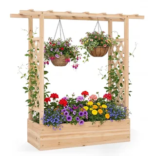 GOPLUS Pflanzkasten mit Rankgitter, Hochbeet Holz mit Spalier, Blumenkasten mit hängendem Dach, Ablauflöchern, Pflanzkübel für Kletterpflanzen, hängende Körbe, Sichtschutz Blumenkübel für Garten