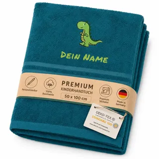 my STITCHERY Kinderhandtuch mit Namen Bestickt, Oeko-TEX® Standard 100 - Personalisiertes Handtuch für Kinder aus nachhaltiger Baumwolle mit gesticktem Namen und Motiv (50 x 100 cm, Petrol)