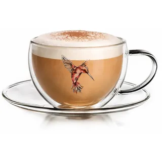 Creano Thermo-Tasse Hummi für Tee/Latte Macchiato, doppelwandig, mit Kolibri-Muster | 250ml in exklusiver Geschenkpackung, Rot