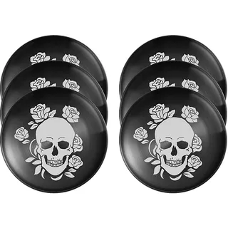 XIAOYU 6er-Pack Halloween-Skelett-Edelstahl-Essteller, runde Metallteller im Totenkopf-Gothic-Stil, einzigartiges Totenkopf-/Blumenmuster, Metallgeschirr für Abendessen, Partys und Camping