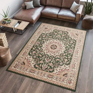 TAPISO Atlas Teppich Kurzflor Grün Beige Rot Floral Mäander 100 x 200 cm | Wohnzimmer Klassisch Schlafzimmer Traditioneller Teppich für Wohnzimmer Esszimmer OEKO-TEX