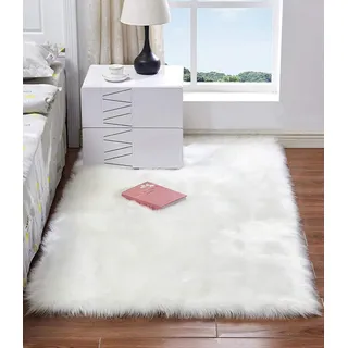 HARESLE Flauschiger Teppich Schlafzimmer, Kunstfell Teppich Wohnzimmer, Hochflor Waschbarer Teppiche, Moderner Weich Fell für Stühle Weiß Carpet( Weiß/90x160cm)