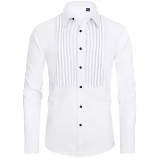 J.VER Herren Smoking Shirt Formal Dress Shirt Plissee Langarm Button Down Shirts für Abschlussball Party Hochzeit, Weißer und schwarzer Knopf, Mittel